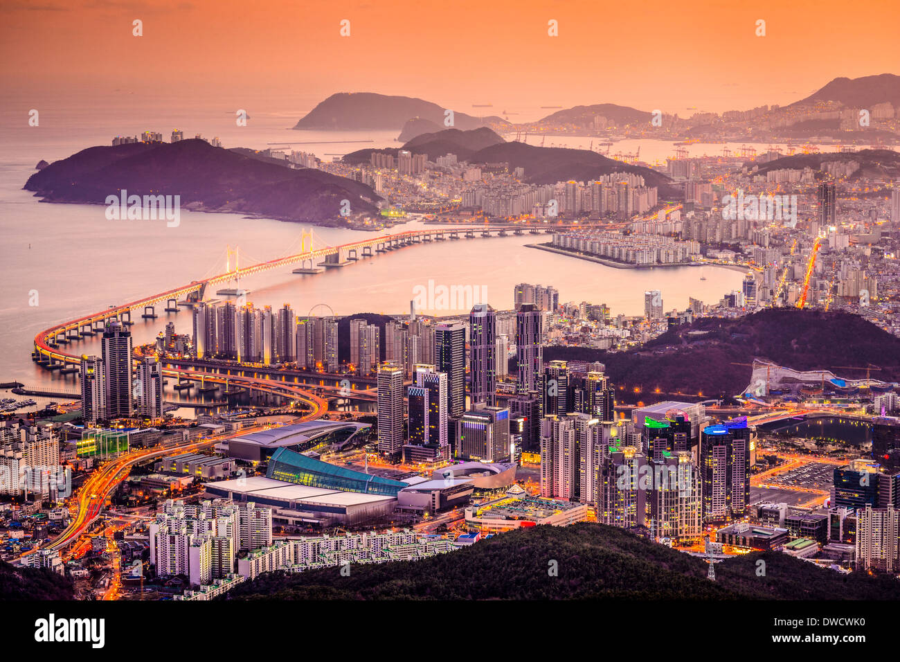 Skyline of Busan, South Korea at sunset. Stock Photo