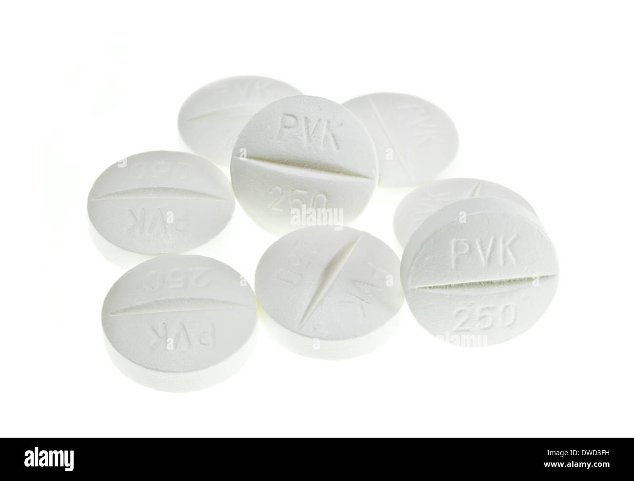 Penicillin vk tablets 250mg antibiotic tablets antibiotics on a white background strep a antibiotics uk phenoxymethylpenicillin tablets Stock Photo