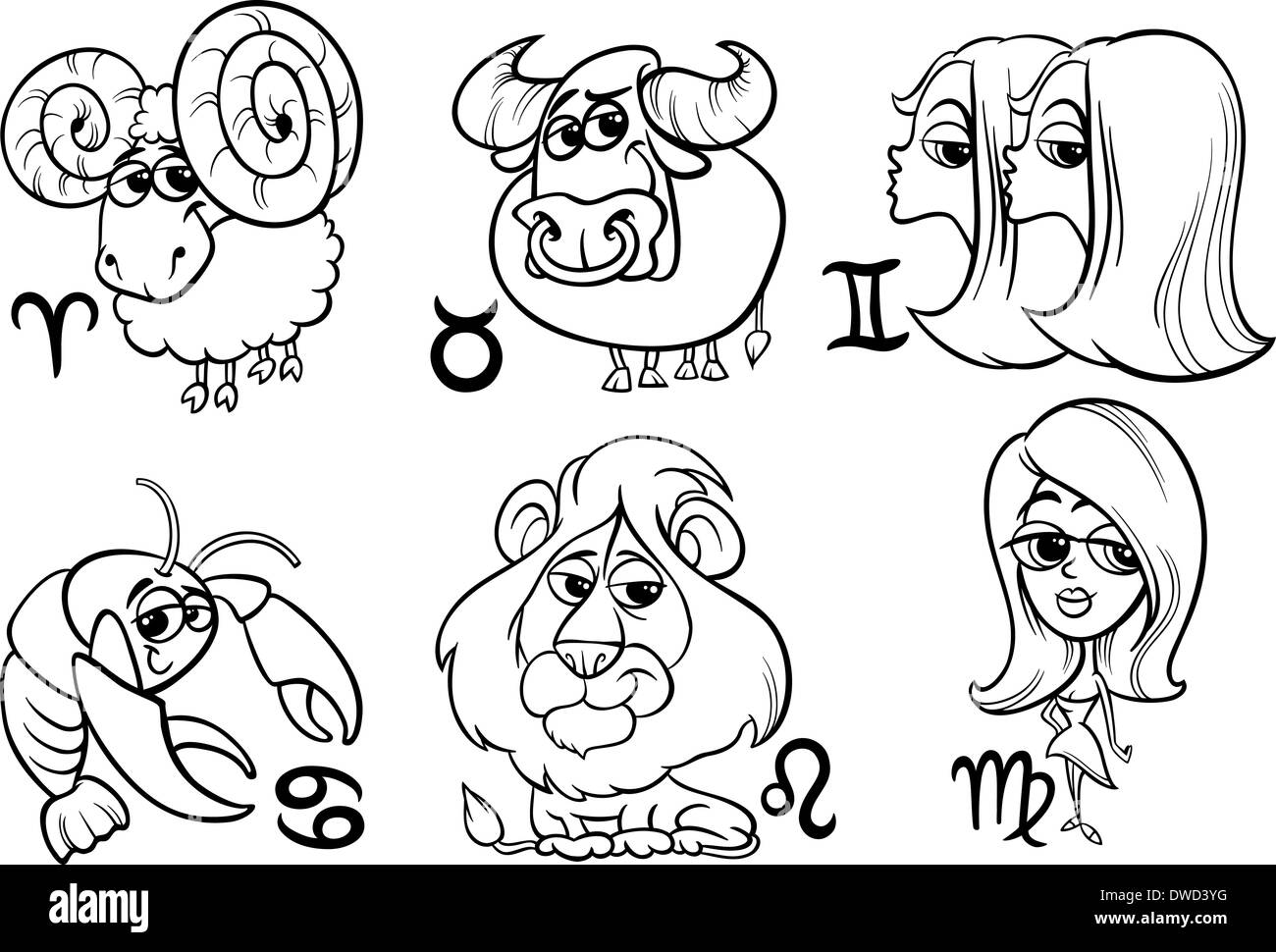 Black and White Cartoon Illustration of Horoscope Zodiac Signs Set