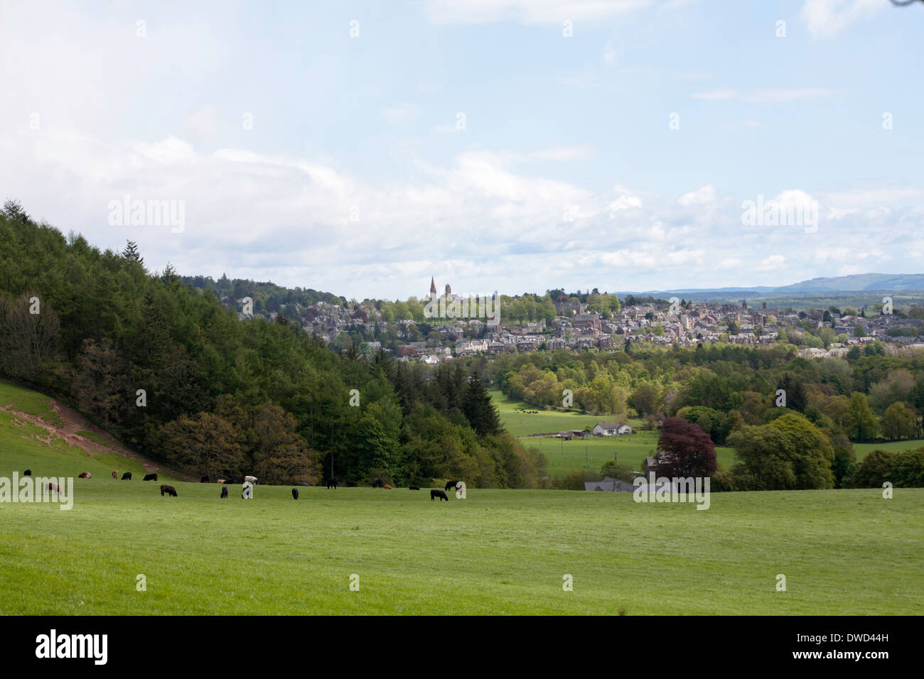 A view of the town of Crieff from a local footpath on a sunny spring day Perth and Kinross Scotland Stock Photo
