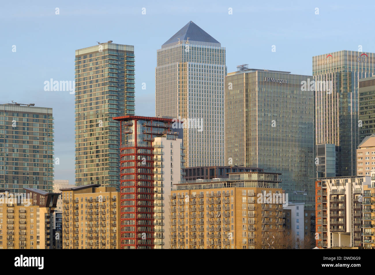 Skyscrapers and apartments at Canary Wharf business district, London UK Stock Photo
