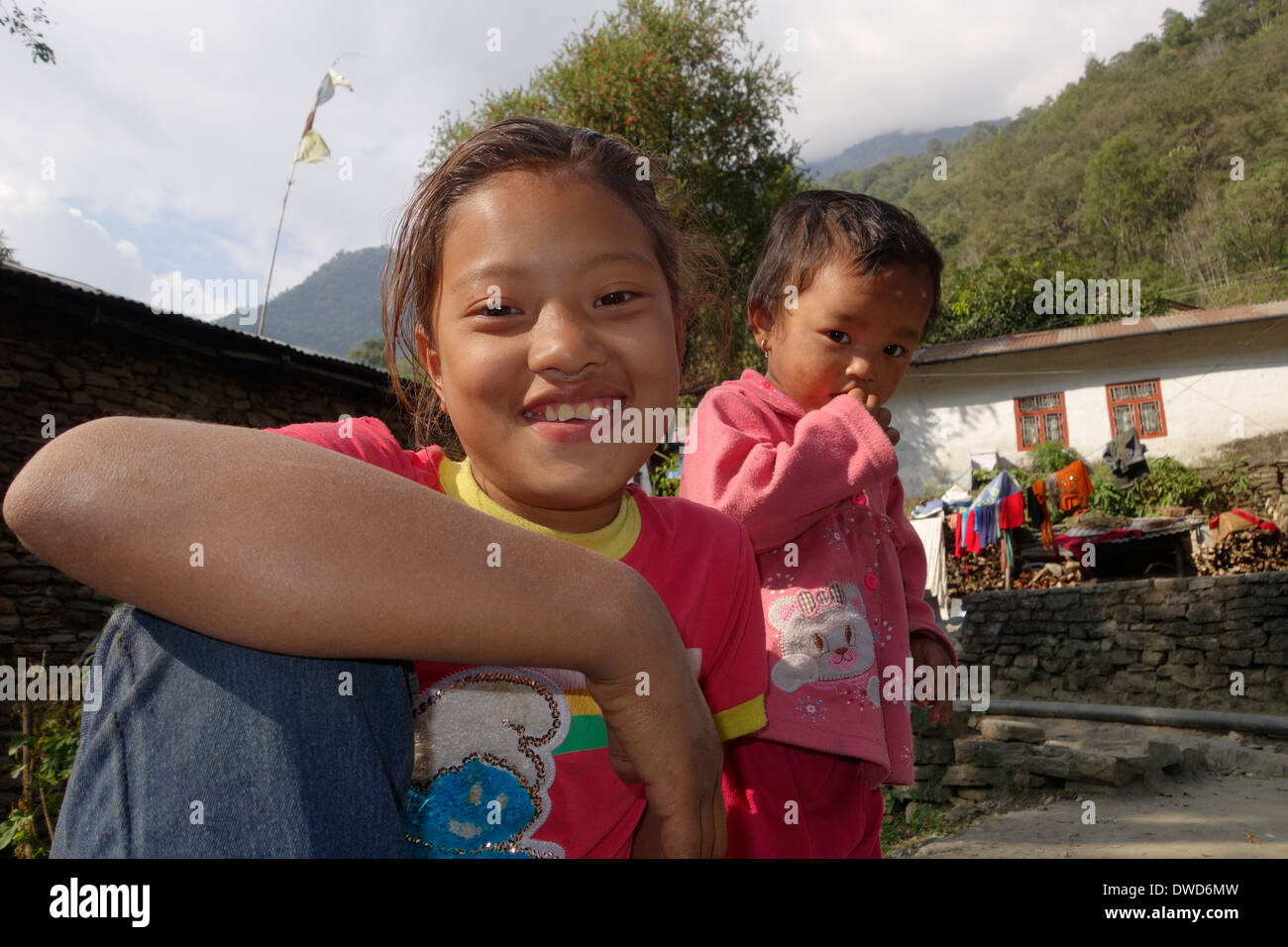 Girls in a village in the Gorkha region of Nepal. Stock Photo