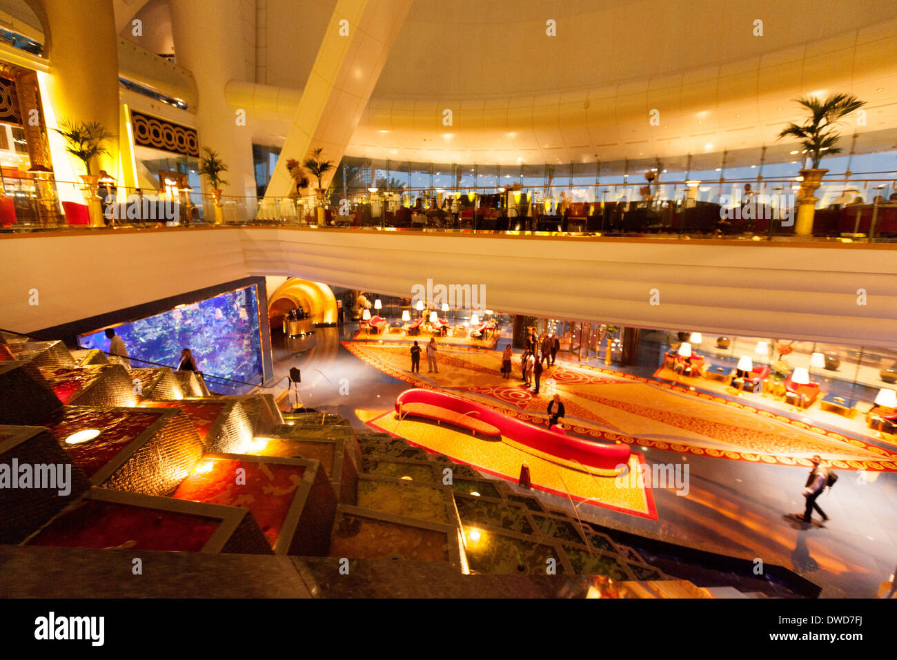 Burj al Arab hotel interior, ornate luxury in the foyer lobby on the first floor, Dubai, UAE, United Arab Emirates Middle East Stock Photo