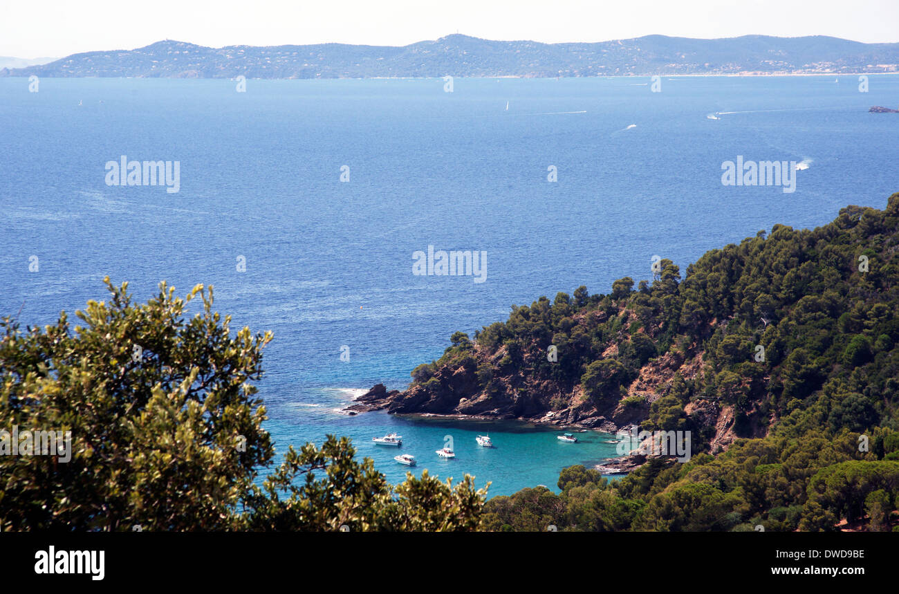 Hidden bay no road access yachts South of France, blue sea Stock Photo