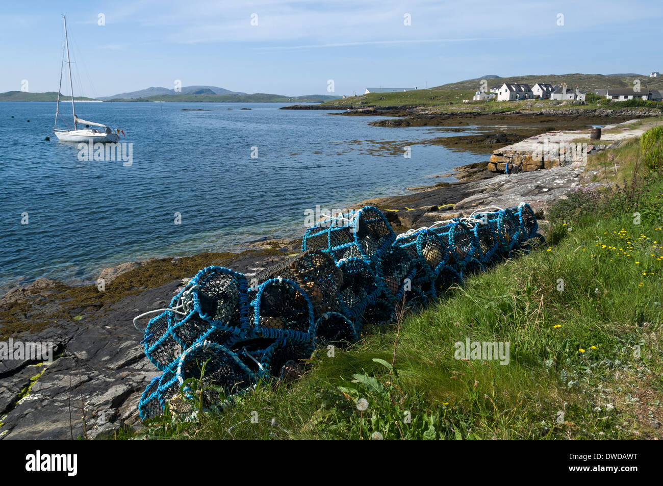 Lobster creels on the Herring Trail, Castlebay, Isle of Barra, Western Isles, Scotland, UK Stock Photo