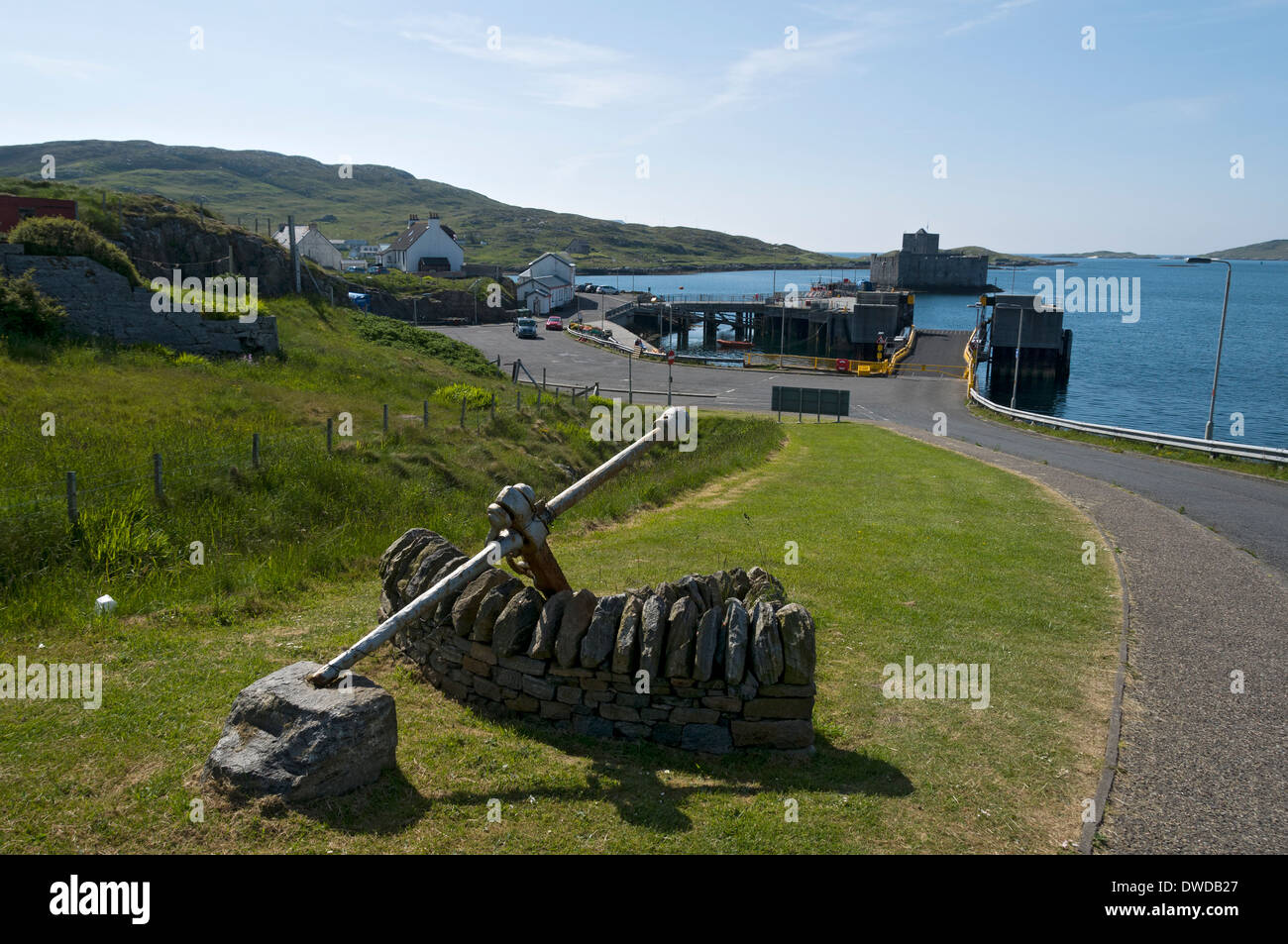 The harbour and ferry terminal at, Castlebay, Isle of Barra, Western Isles, Scotland. Kisimul Castle beyond the terminal. Stock Photo