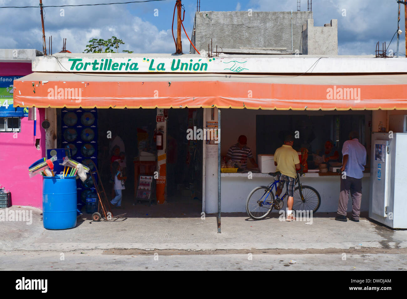 Tortilleria (tortilla shop), Puerto Morelos, Mexico. Stock Photo