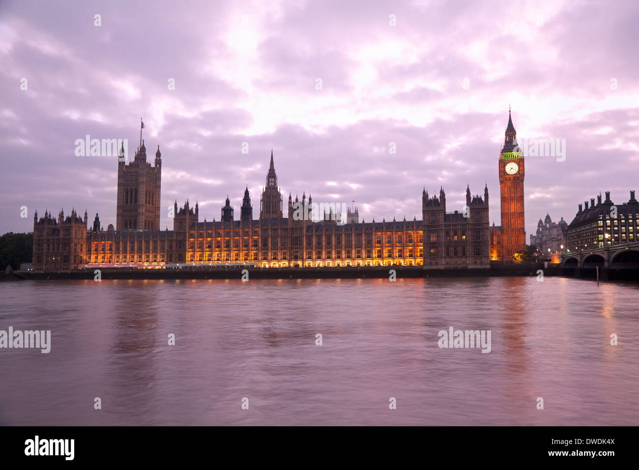 Houses of Parliament and Big Ben at sunset, London, England Stock Photo