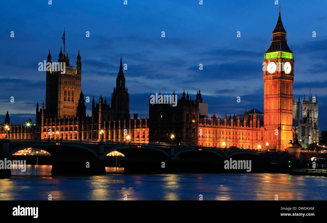 Houses of Parliament and Big Ben at dusk, London, England Stock Photo
