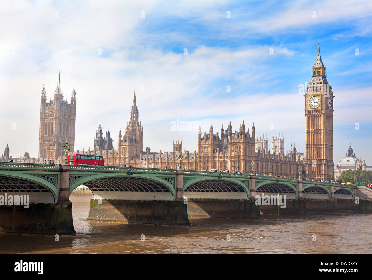 Houses of Parliament, Westminster Bridge and Big Ben at dusk, London, England Stock Photo