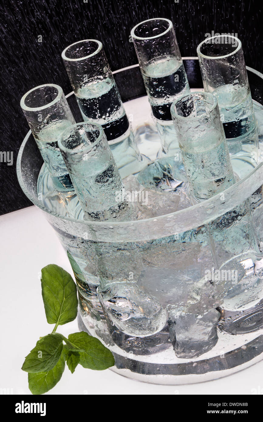 Shot measures of ice cold Russian Vodka Stock Photo