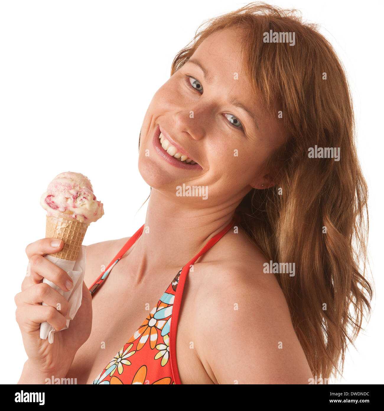 Beautiful young woman with icecream isolated over white background Stock Photo