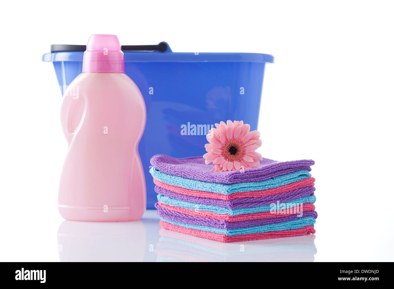 Towels, laundry detergents and bucket isolated Stock Photo Alamy