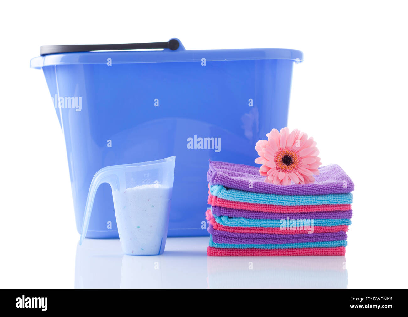 Towels, laundry detergents and bucket isolated Stock Photo Alamy