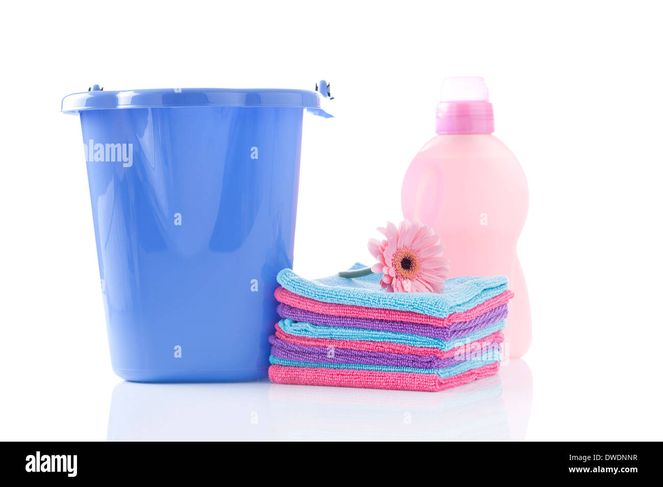 Towels, laundry detergents and bucket isolated Stock Photo Alamy