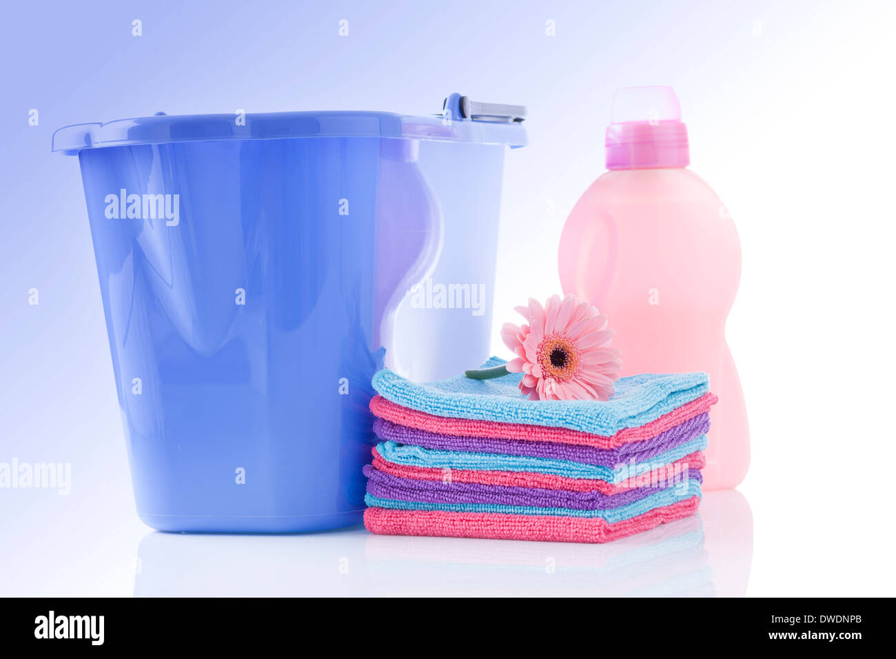 Towels, laundry detergents and bucket isolated Stock Photo Alamy