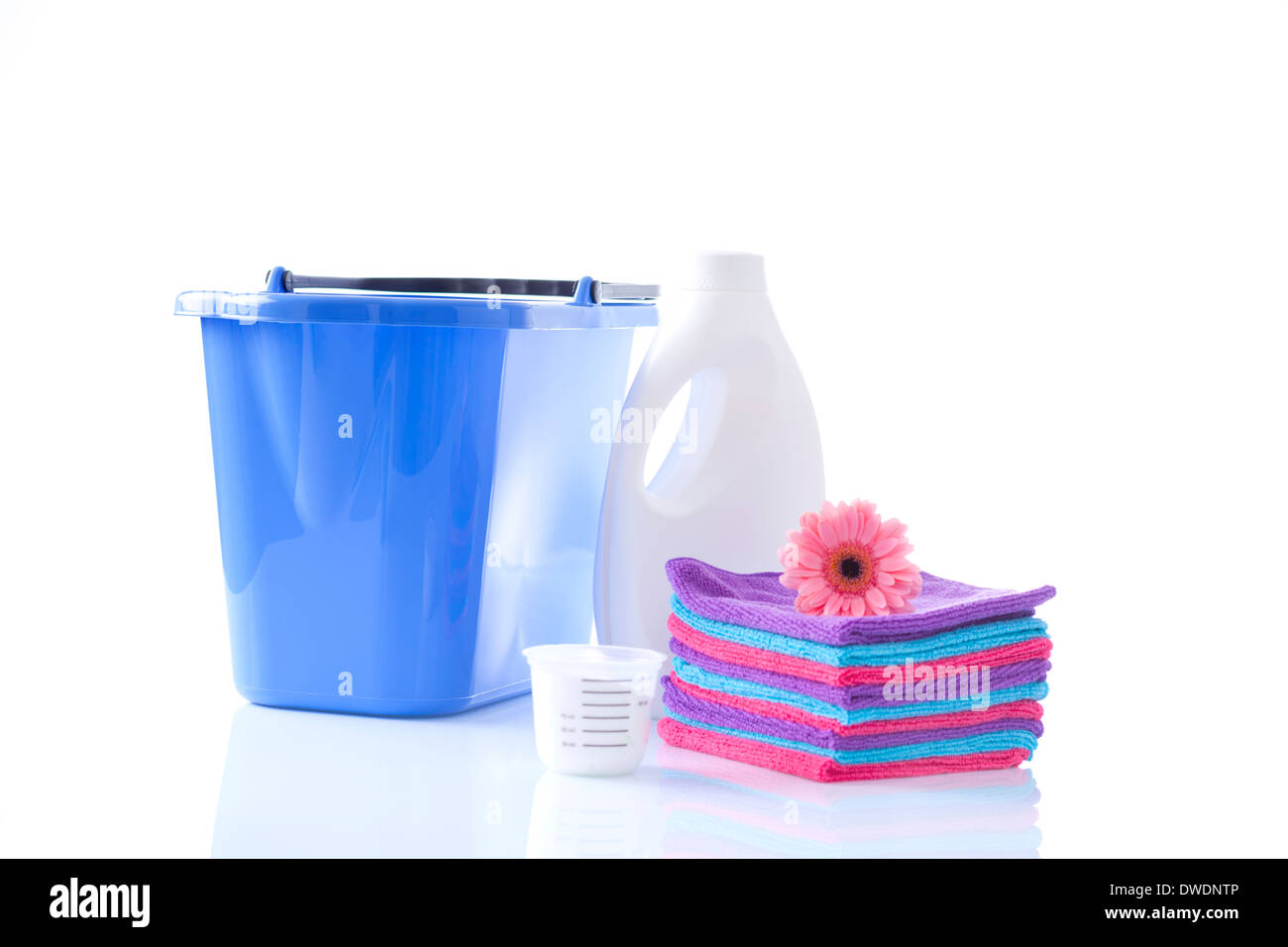 Towels, laundry detergents and bucket isolated Stock Photo Alamy