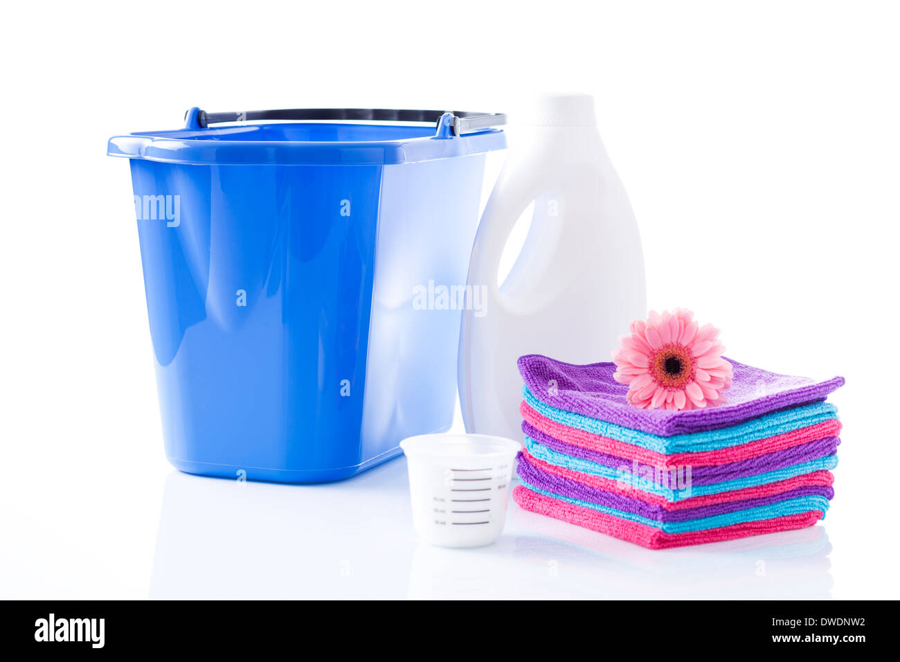 Towels, laundry detergents and bucket isolated Stock Photo