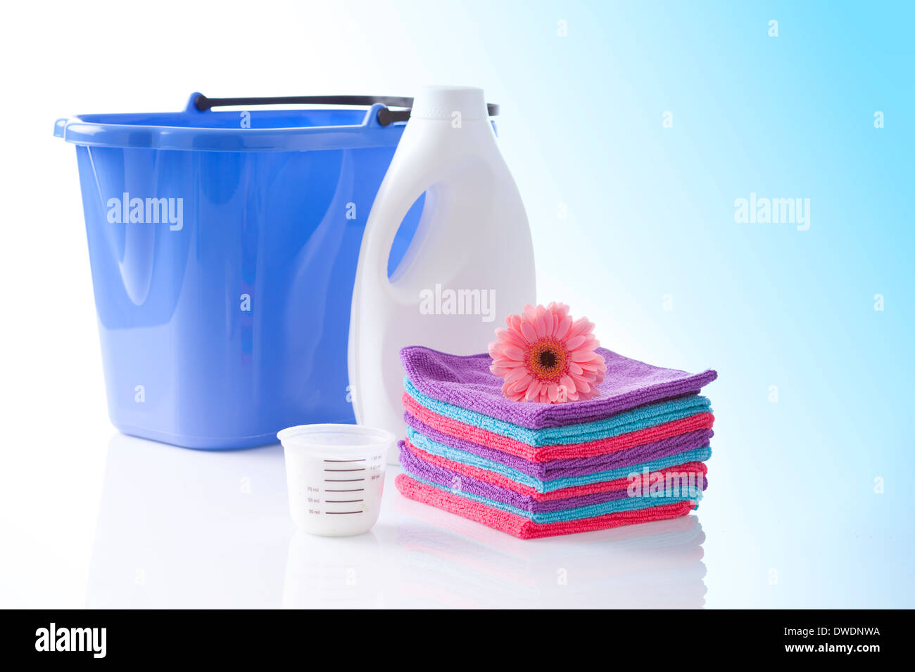 Towels, laundry detergents and bucket isolated Stock Photo Alamy