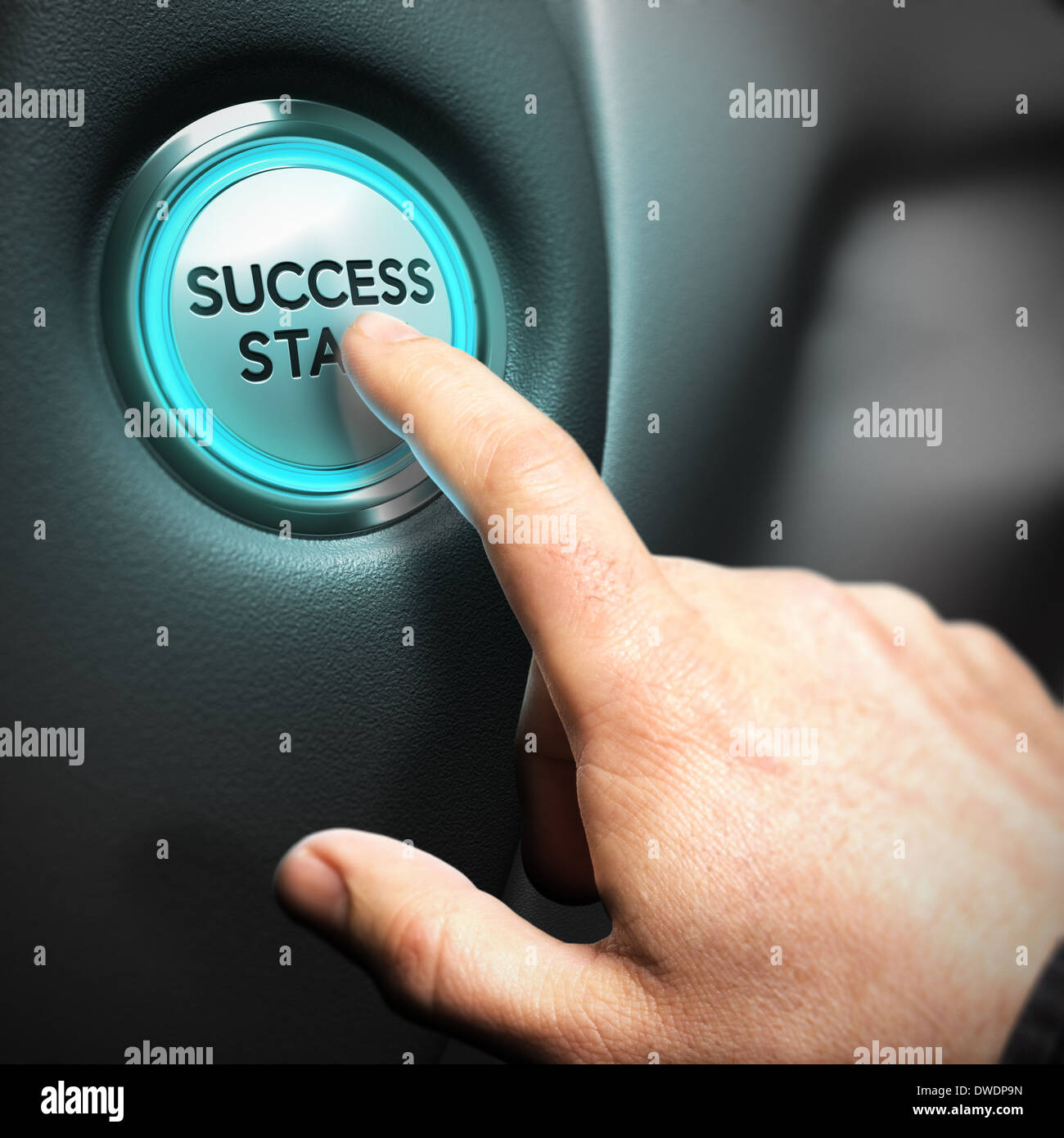 One big button with the text success start and a finger pressing the center, illustration of business performance and commercial Stock Photo