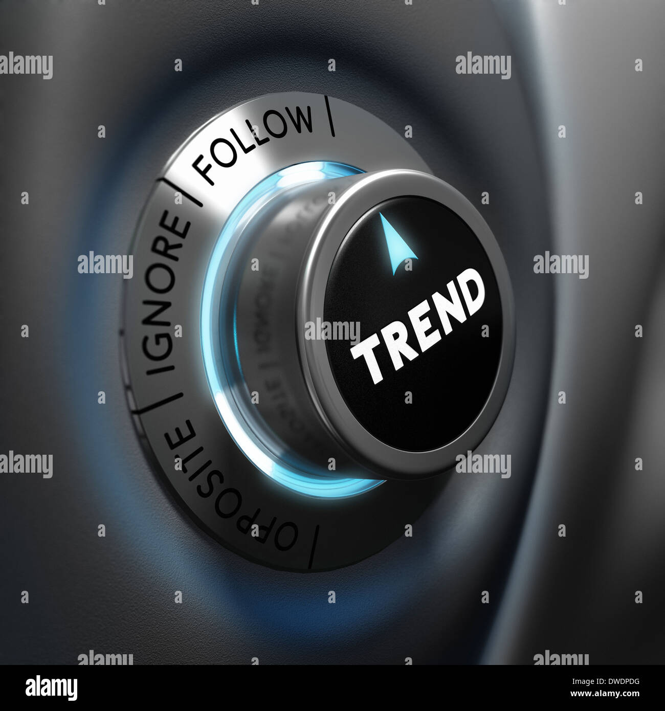 Trading concept, trend button pointing the word follow over dark grey and blue background, focus and blur effect Stock Photo