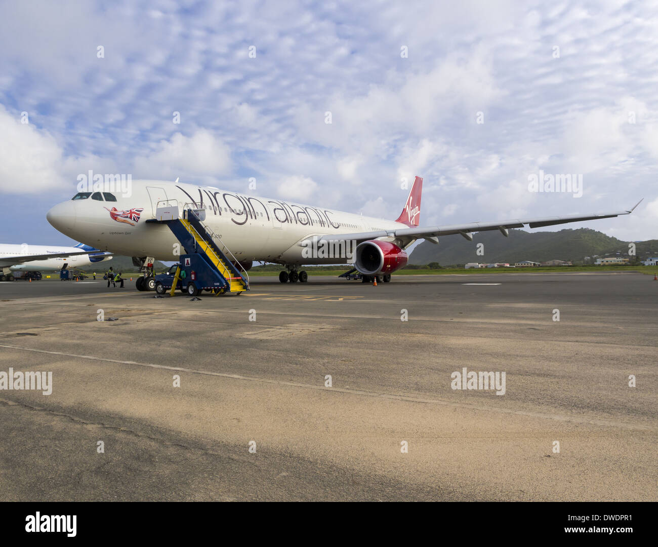 Caribbean, Antilles, Lesser Antilles, Saint Lucia, airport with landed Airbus A330-300 of Virgin Atlantic Stock Photo