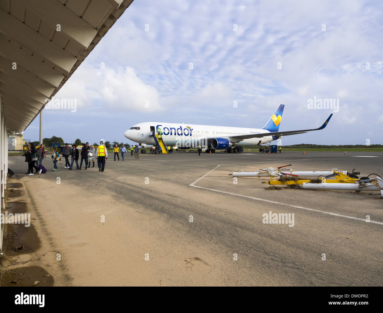 Caribbean, Antilles, Lesser Antilles, Saint Lucia, airport with landed Boeing 767 of Condor Stock Photo