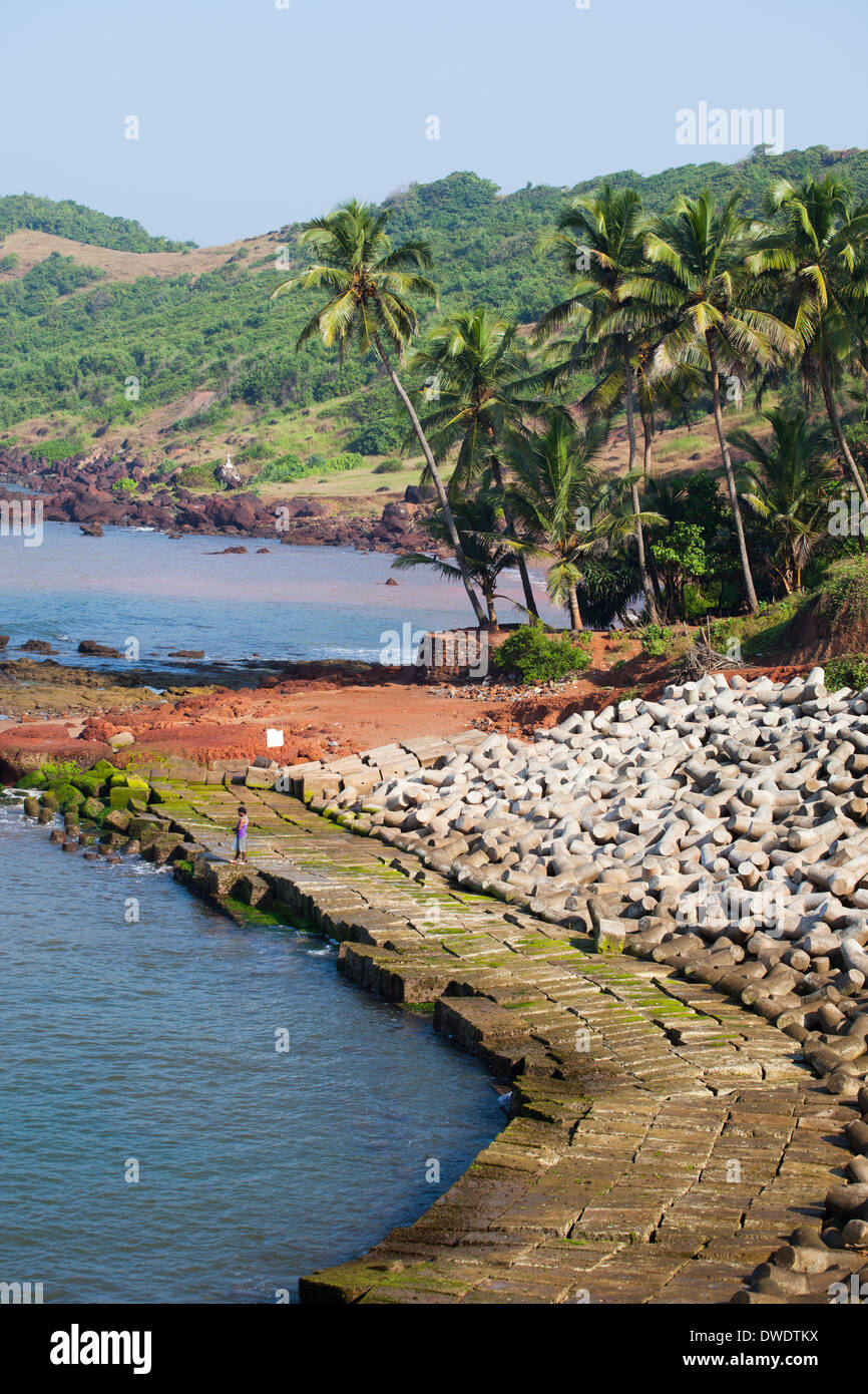 Exiting Anjuna beach panorama on low tide with white wet sand and green