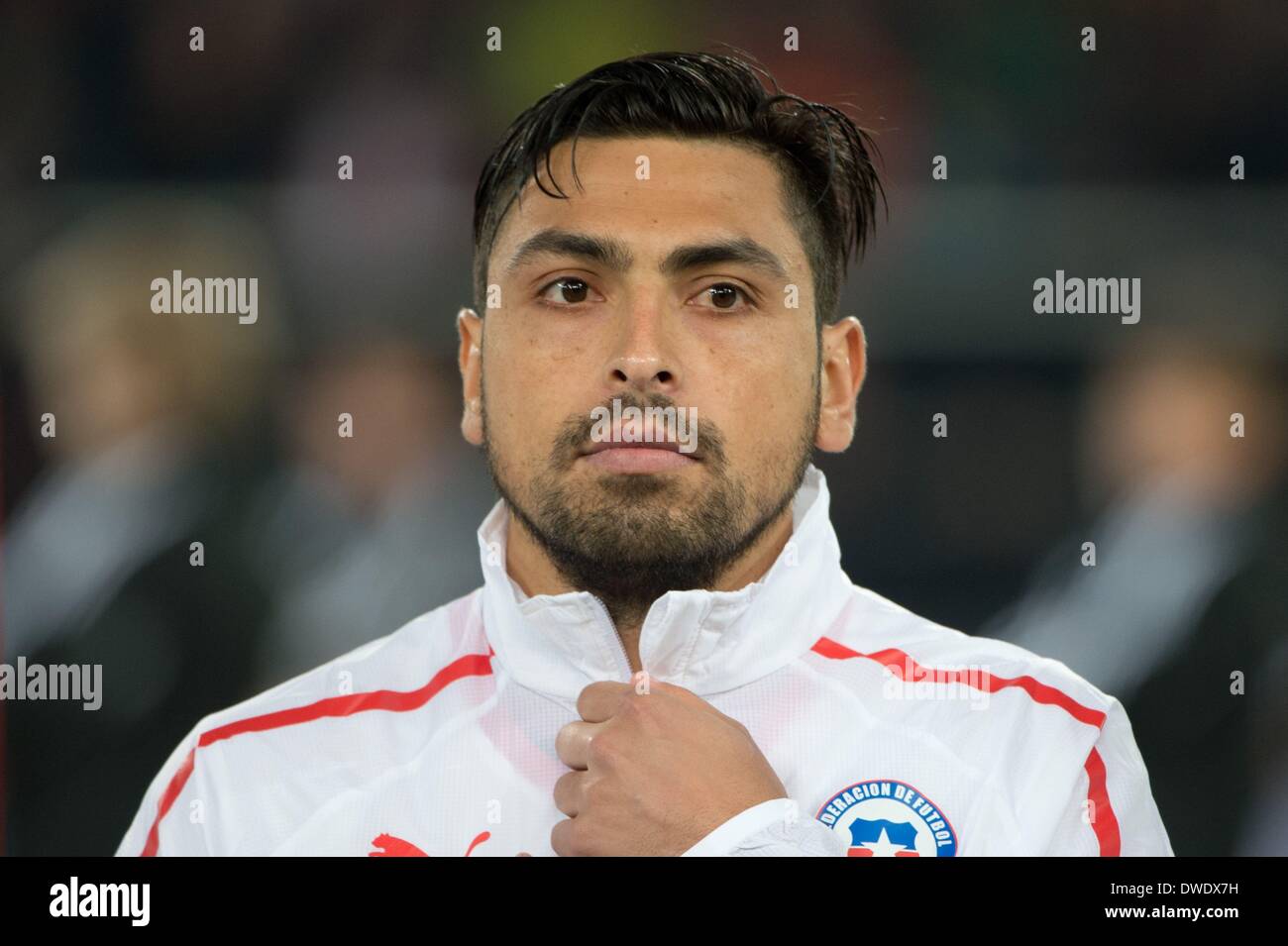 Stuttgart, Germany. 05th Mar, 2014. Chile's Gonzalo Jara stands on the pitch before the international friendly match between Germany and Chile at Mercedes-Benz-Arena in Stuttgart, Germany, 05 March 2014. Photo: Sebastian Kahnert/dpa/Alamy Live News Stock Photo