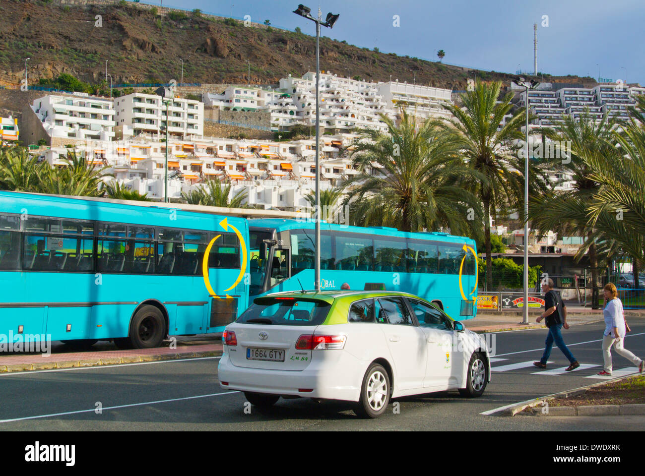 Taxi and bus, long distance bus station, Puerto Rico, Gran Canaria island, the Canary Islands, Spain, Europe Stock Photo