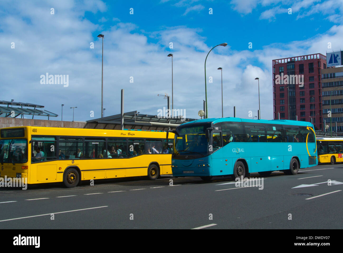 Buses in front of bus station, Parque de San Telmo square, Triana, Las  Palmas de Gran Canaria, Canary Islands, Spain, Europe Stock Photo - Alamy