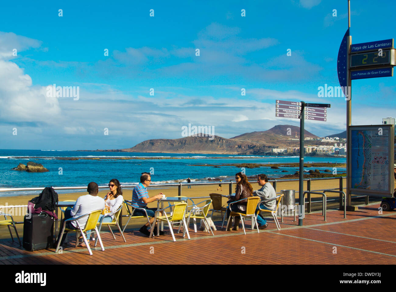 Cafe terrace along Paseo Cantera beach promenade, Las Palmas de Gran Canaria, the Canary Islands, Spain, Europe Stock Photo