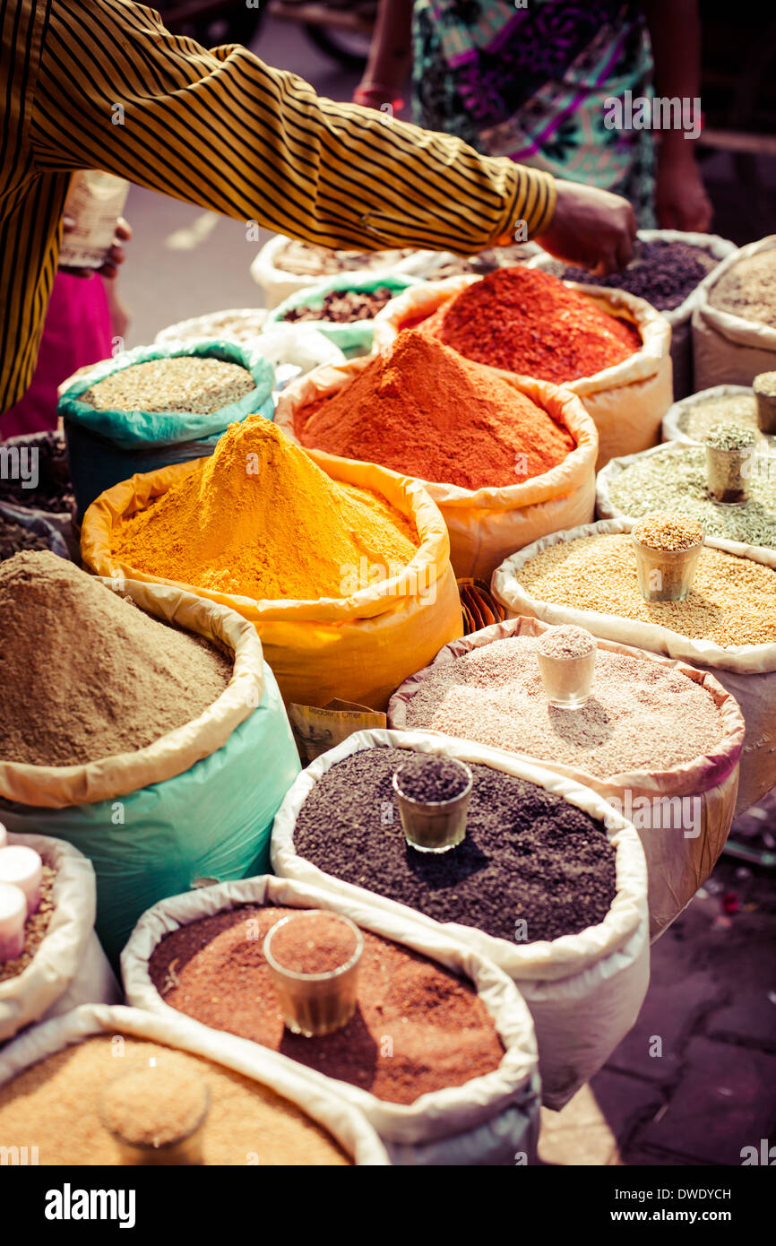 Traditional spices and dry fruits in local bazaar in India Stock Photo