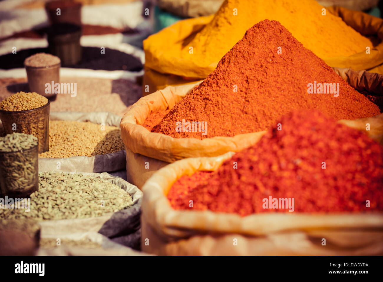 Traditional spices and dry fruits in local bazaar in India Stock Photo