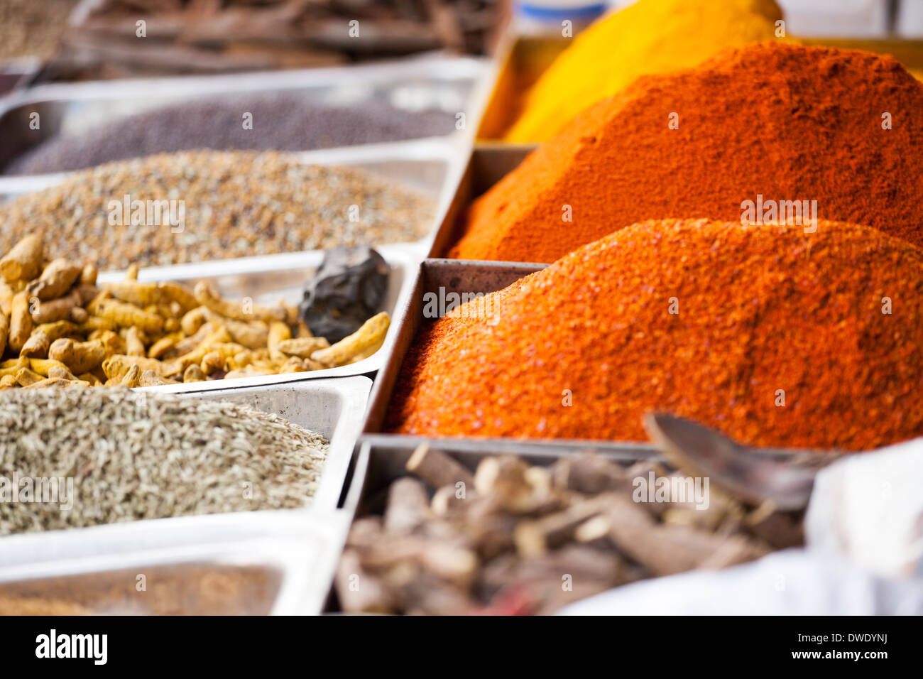 Traditional spices and dry fruits in local bazaar in India Stock Photo