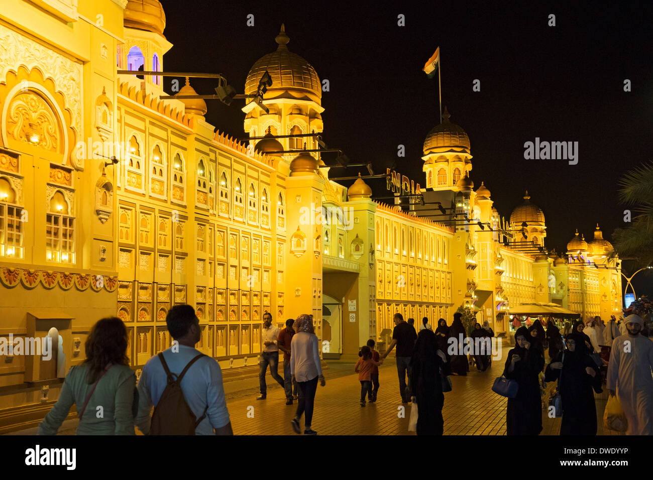 India Pavilion at night at Global Village tourist cultural attraction in Dubai United Arab Emirates Stock Photo