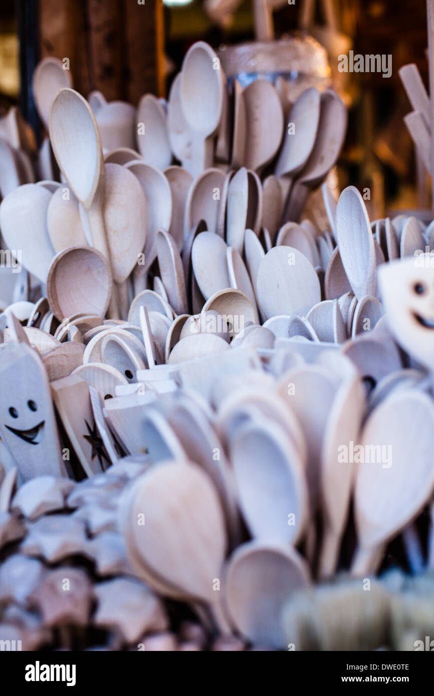 Carved cups, spoons, forks and other utensils of wood Stock Photo Alamy