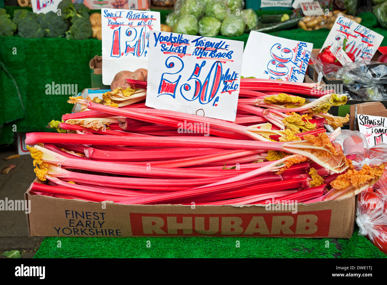 Close up of Fresh Yorkshire rhubarb for sale on market stall York North Yorkshire England UK United Kingdom GB Great Britain Stock Photo