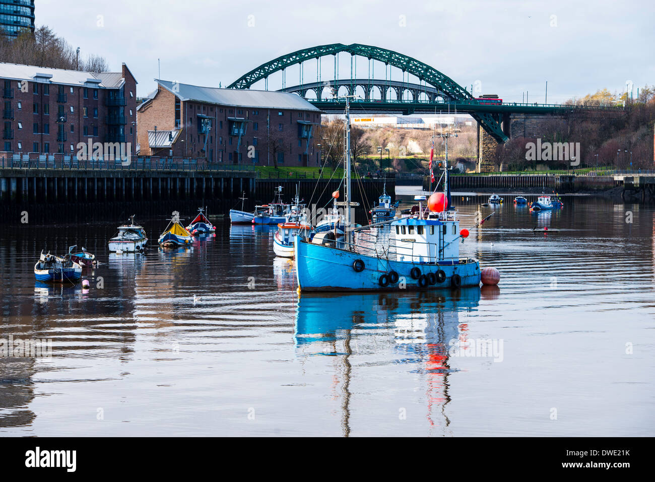 Fishing boats on the River Wear at Sunderland with the Wearmouth Bridge