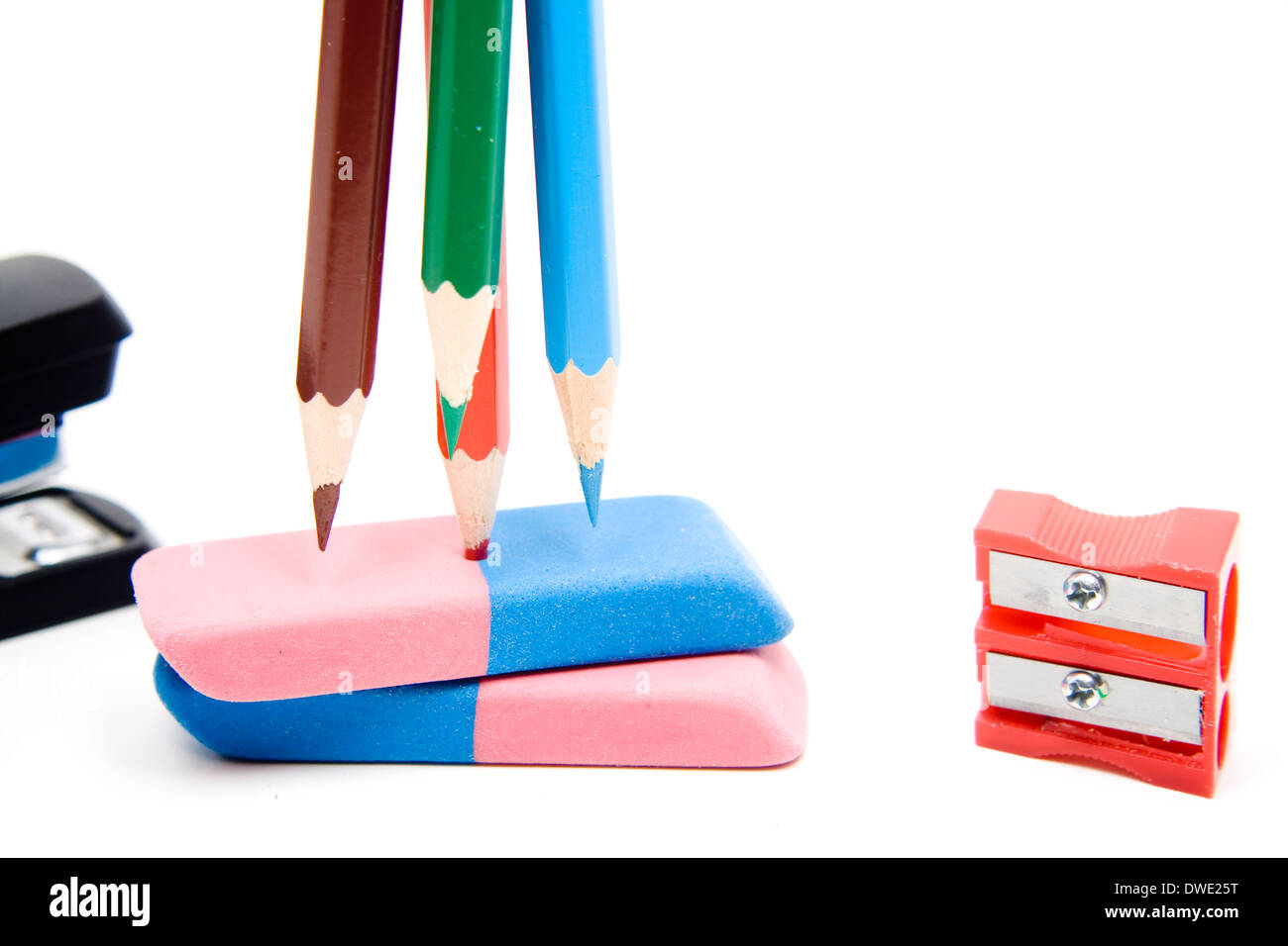 Coloured pencils with erasing rubber Stock Photo Alamy