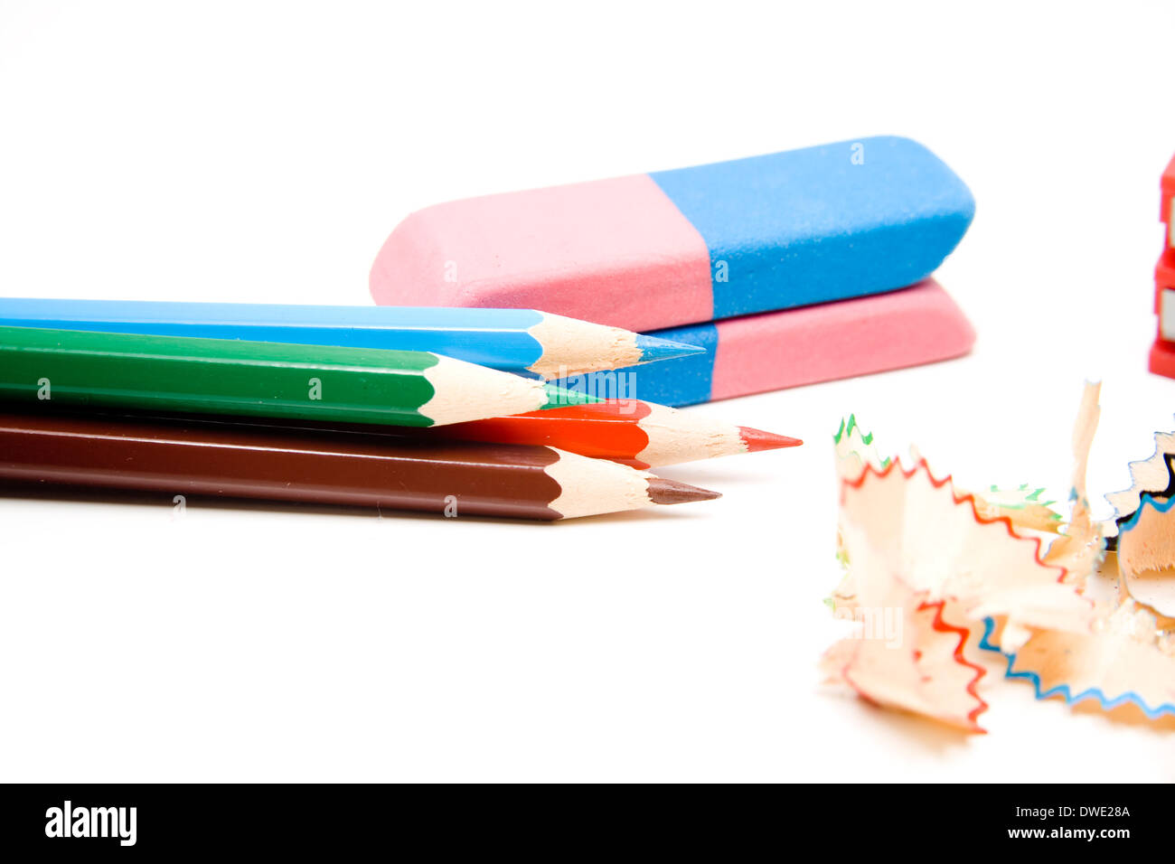 Coloured pencils with erasing rubber Stock Photo Alamy