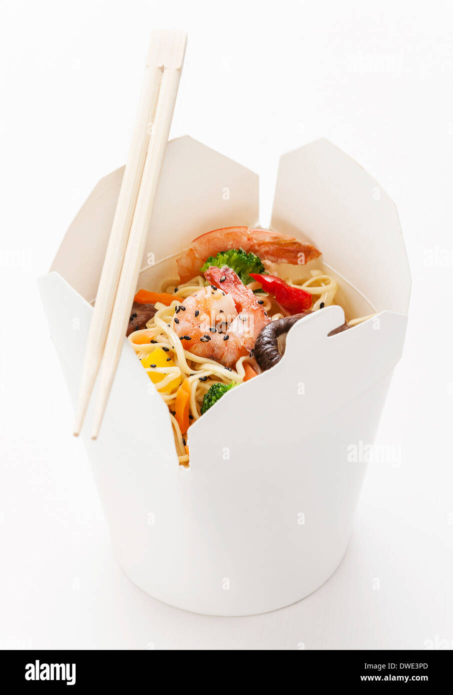 Take away Egg noodles with shiitake mushrooms, shrimp and pork Stock Photo