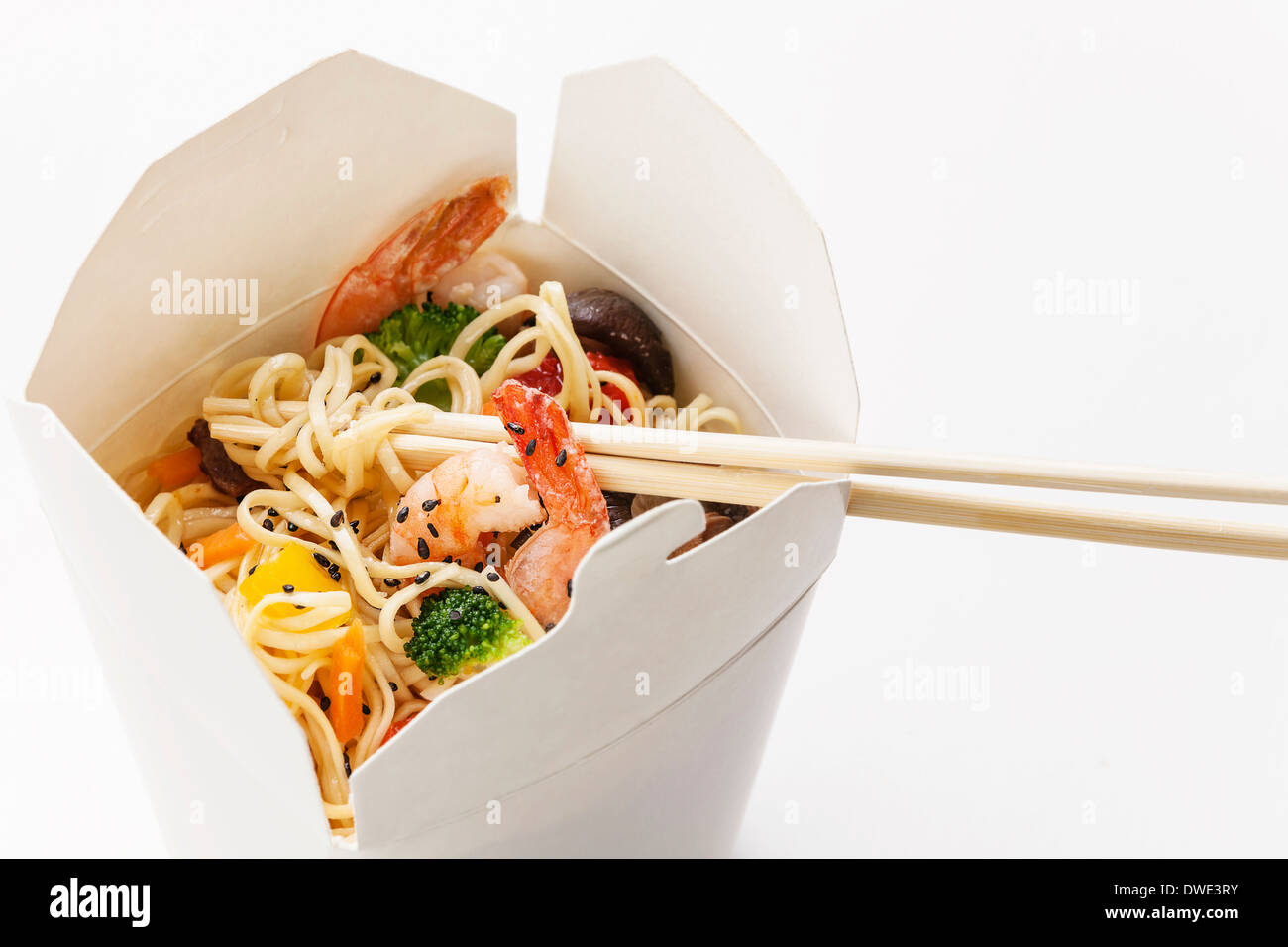 Take away Egg noodles with shiitake mushrooms, shrimp and pork Stock Photo
