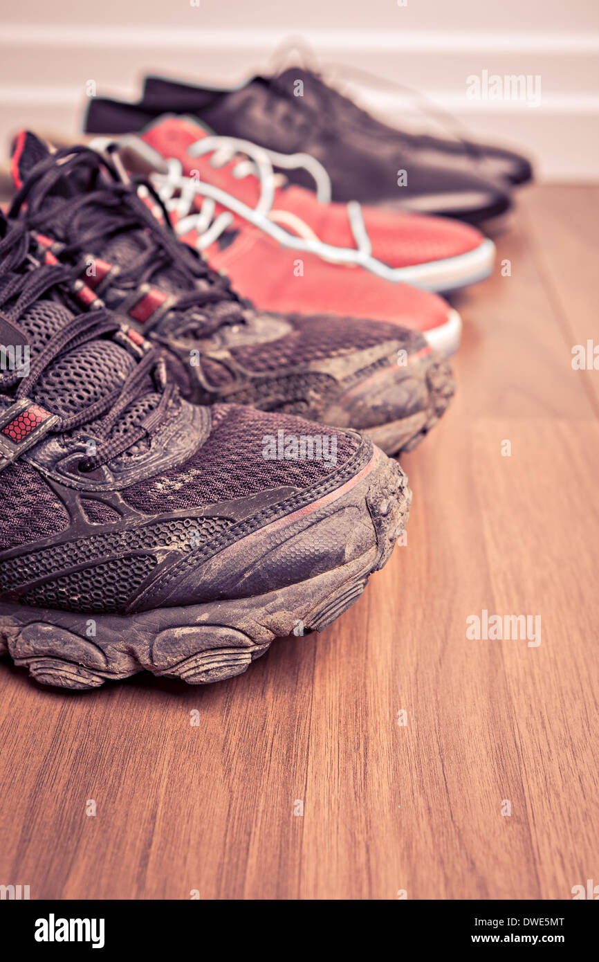 Close up shut of a pair running shoes and sneakers Stock Photo