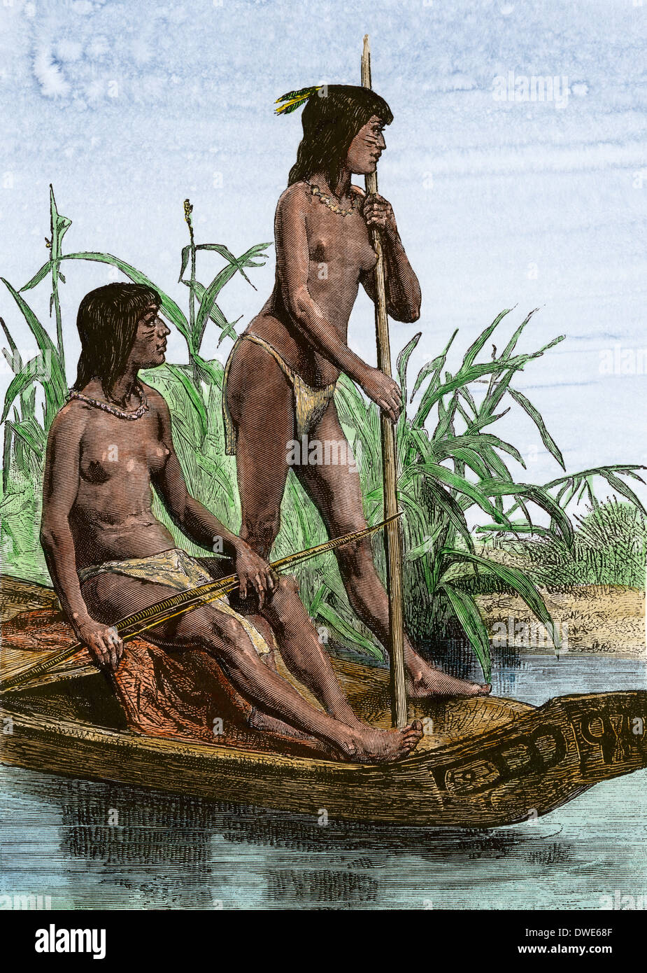 Natives of the Leeward Islands as described by early explorers of the New World. Hand-colored woodcut Stock Photo