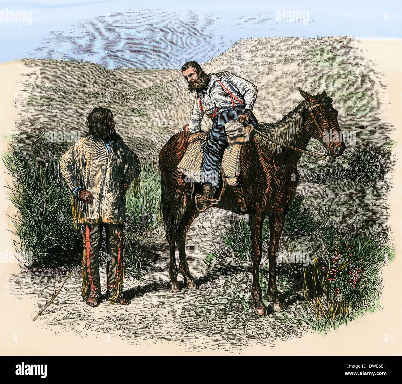 John Wesley Powell asking directions from a Native American, Grand Canyon expedition, 1870s. Hand-colored woodcut Stock Photo
