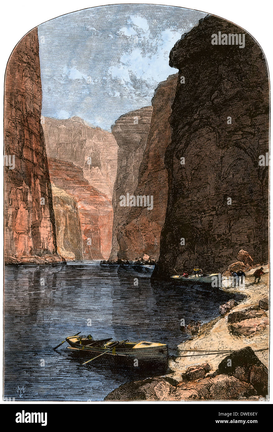 Powell's men mooring their boats in Marble Canyon, Grand Canyon expedition, 1870s. Hand-colored woodcut Stock Photo