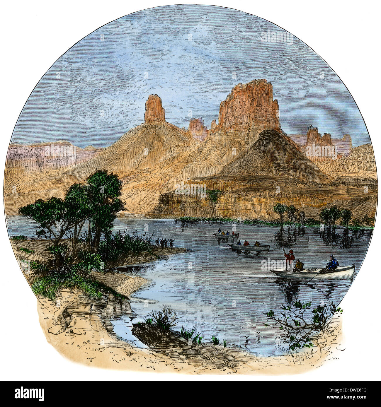Powell's expedition on the Green River, Utah, circa 1870. Hand-colored woodcut Stock Photo
