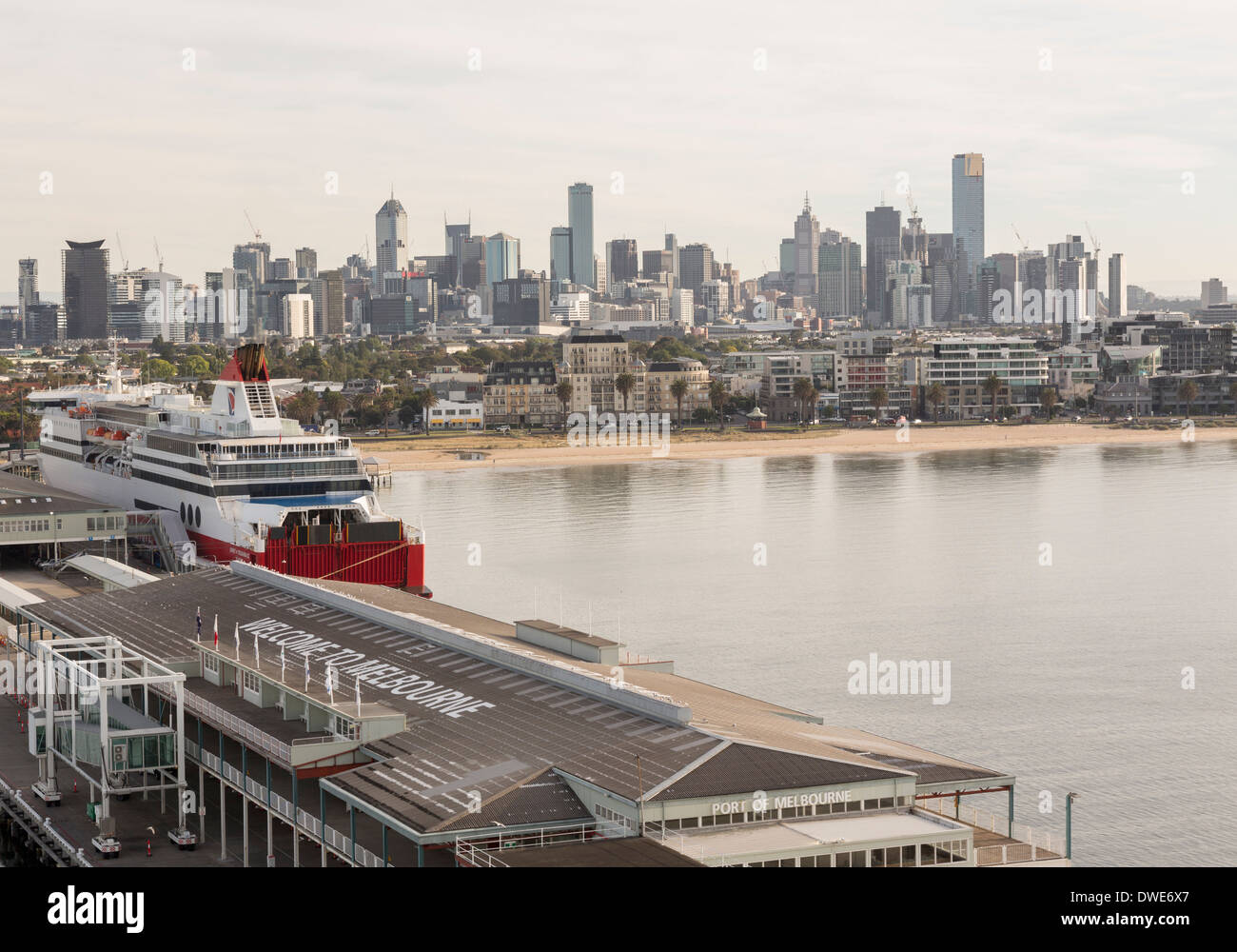 Early morning view of city of Melbourne, Australia taken from ship entering the harbor Stock Photo