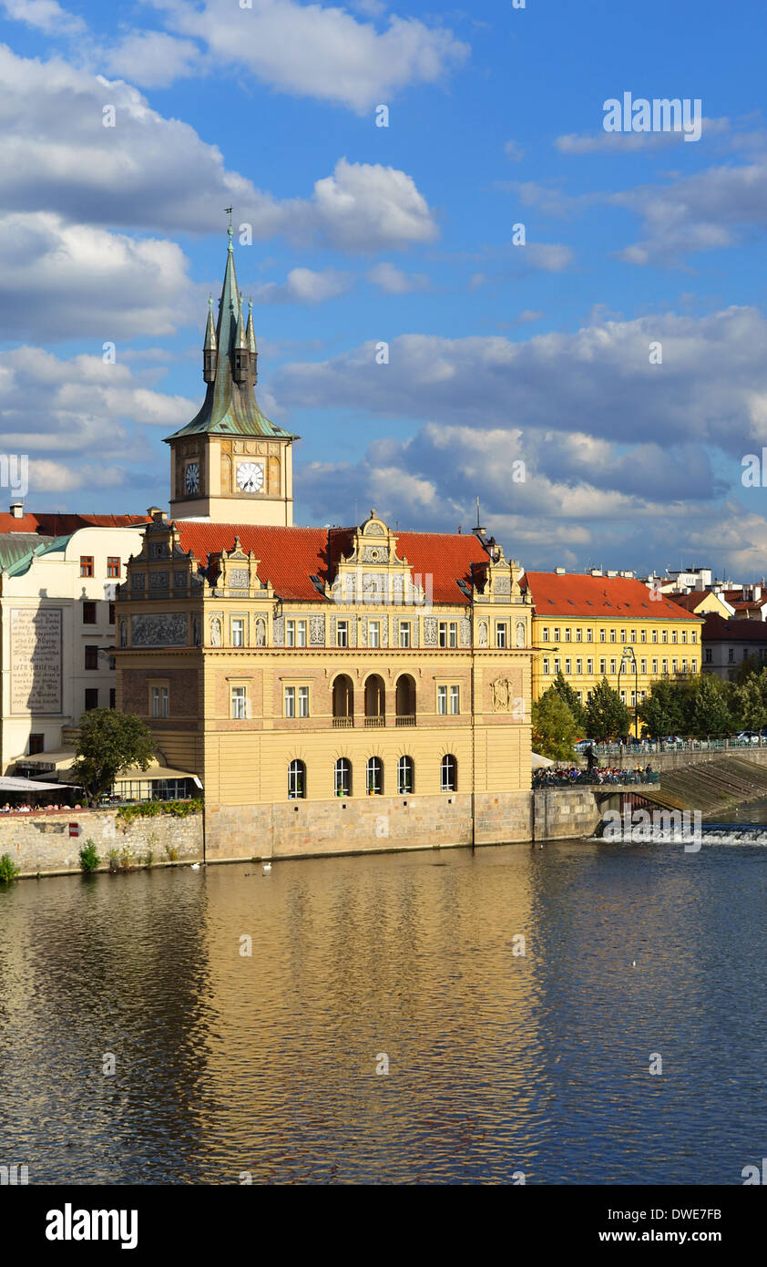 Beautiful building reflected in river, Czech Republic Stock Photo
